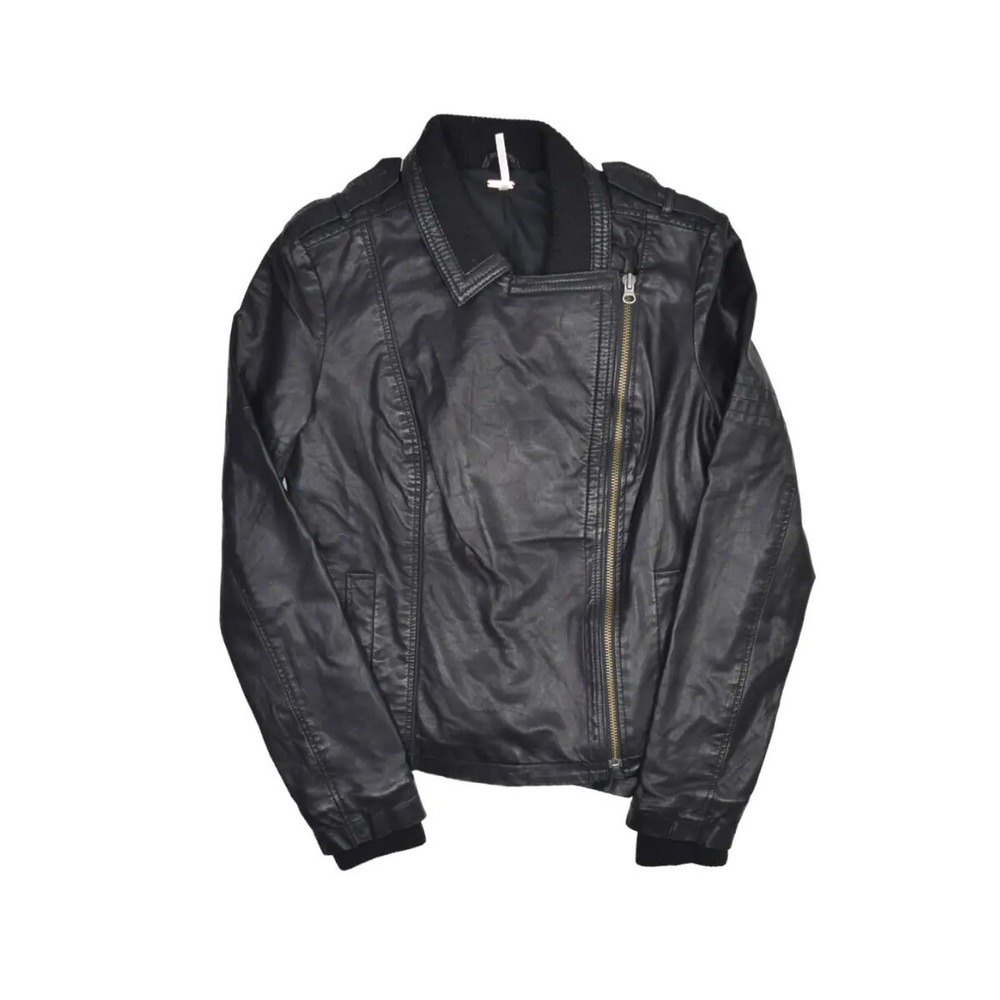 Free People Jacket Womens 6 Black Faux Leather Biker Zip Lined Moto Asymmetric